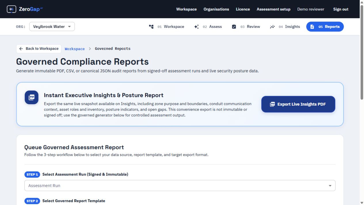 Veylbrook Waterworks governed report setup showing PDF, CSV and JSON options